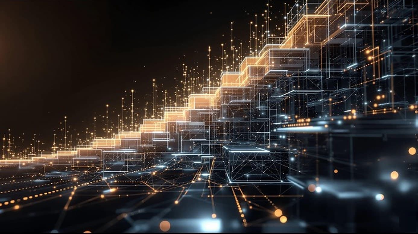 An illuminated staircase rising over a network of lines and nodes, representing the step-by-step growth of businesses in the Qulis ecosystem