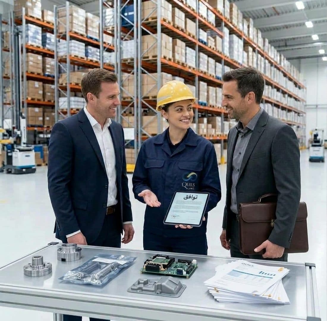 A Qulis specialist shows the collaboration agreement on a tablet, alongside representatives of the buyer and the supplier
