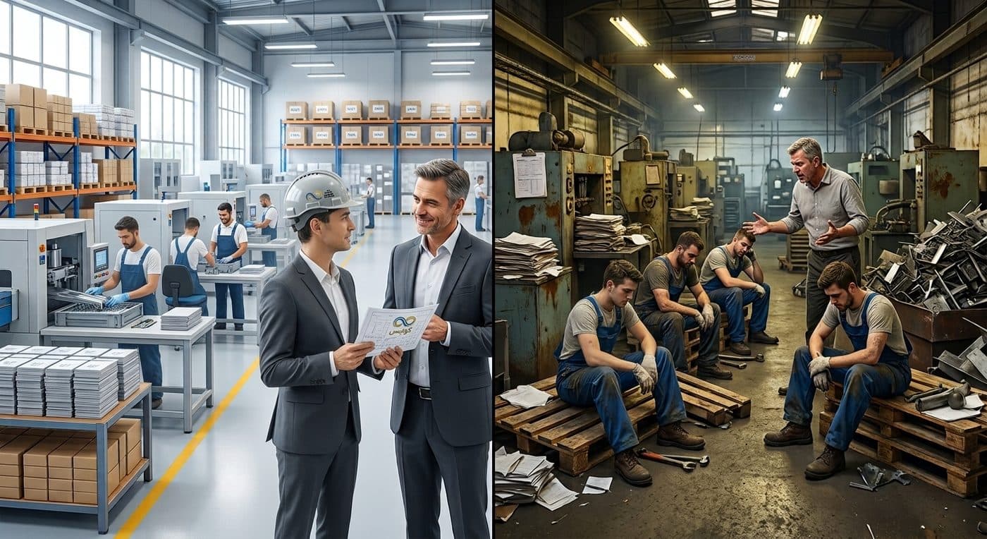 Two factories compared: on the left, an orderly plant where managers work with Qulis; on the right, a chaotic workshop with confused staff and waste